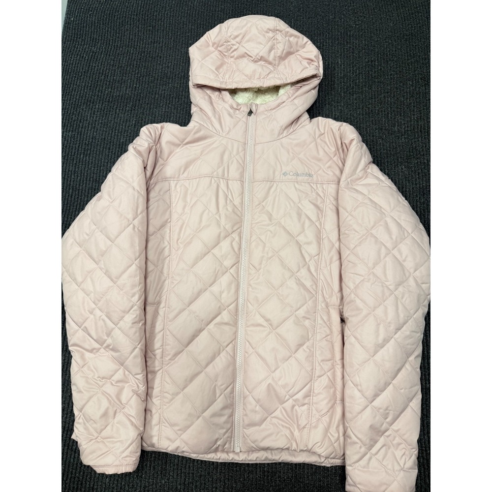 Columbia Women's XL Pink Quilted Jacket Sherpa Fleece Lined Hooded Full Zip Coat